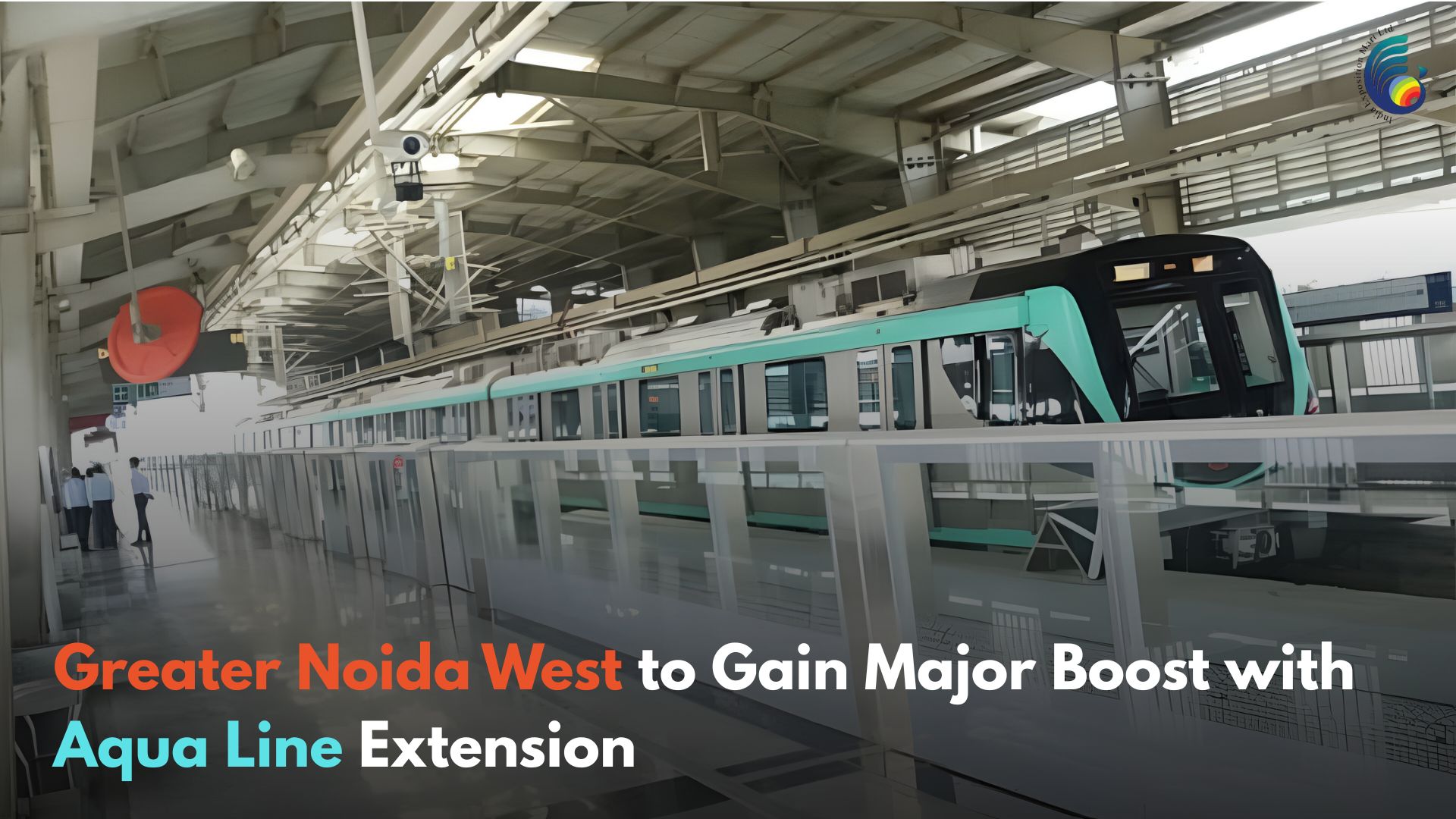 Noida Metro Aqua Line train arriving at an elevated metro station platform in Noida, Uttar Pradesh.