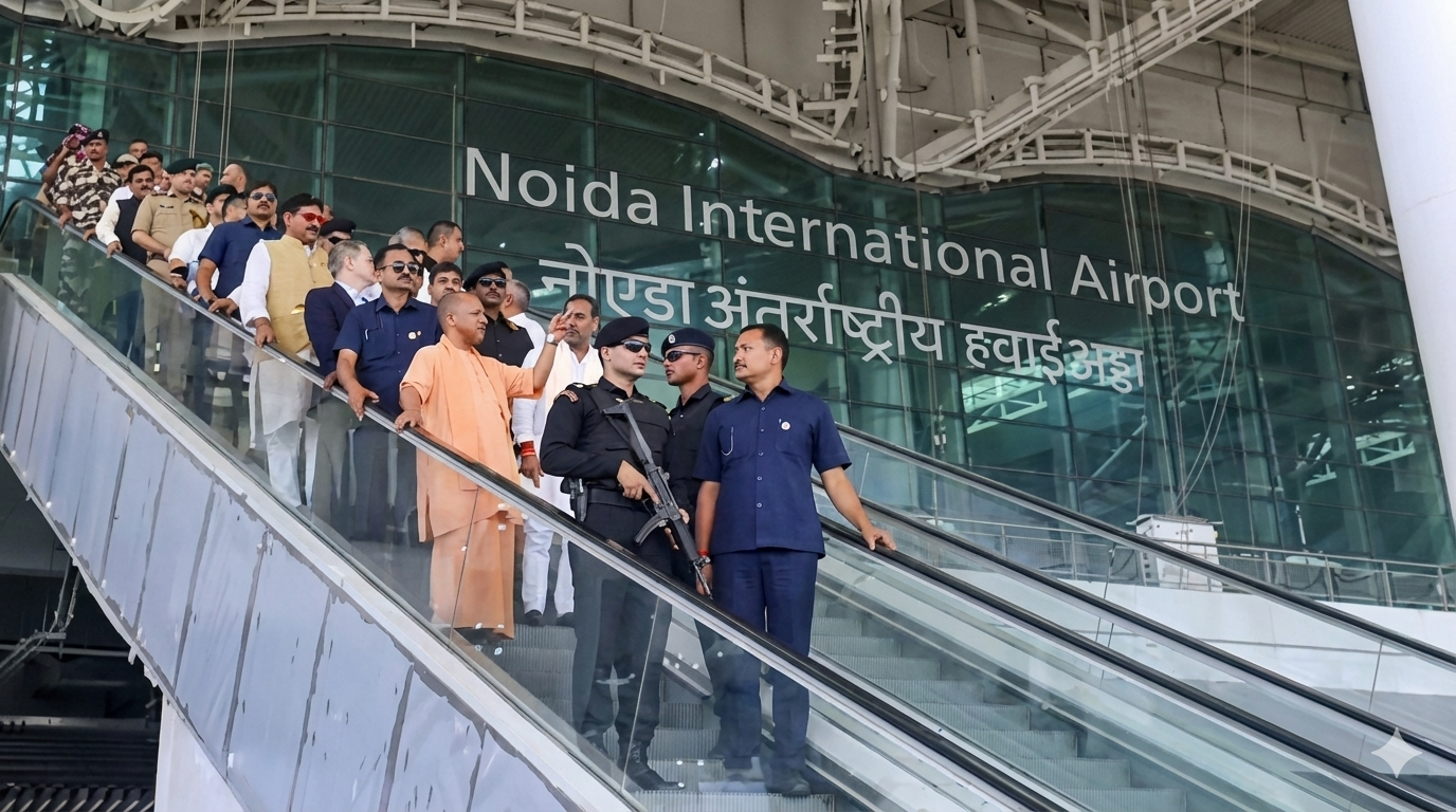 Uttar Pradesh Chief Minister Yogi Adityanath, dressed in saffron robes, stands on an escalator at Noida International Airport. He is pointing toward the facility while surrounded by security personnel and officials. The background features a large glass wall with the airport's name written in English and Hindi.